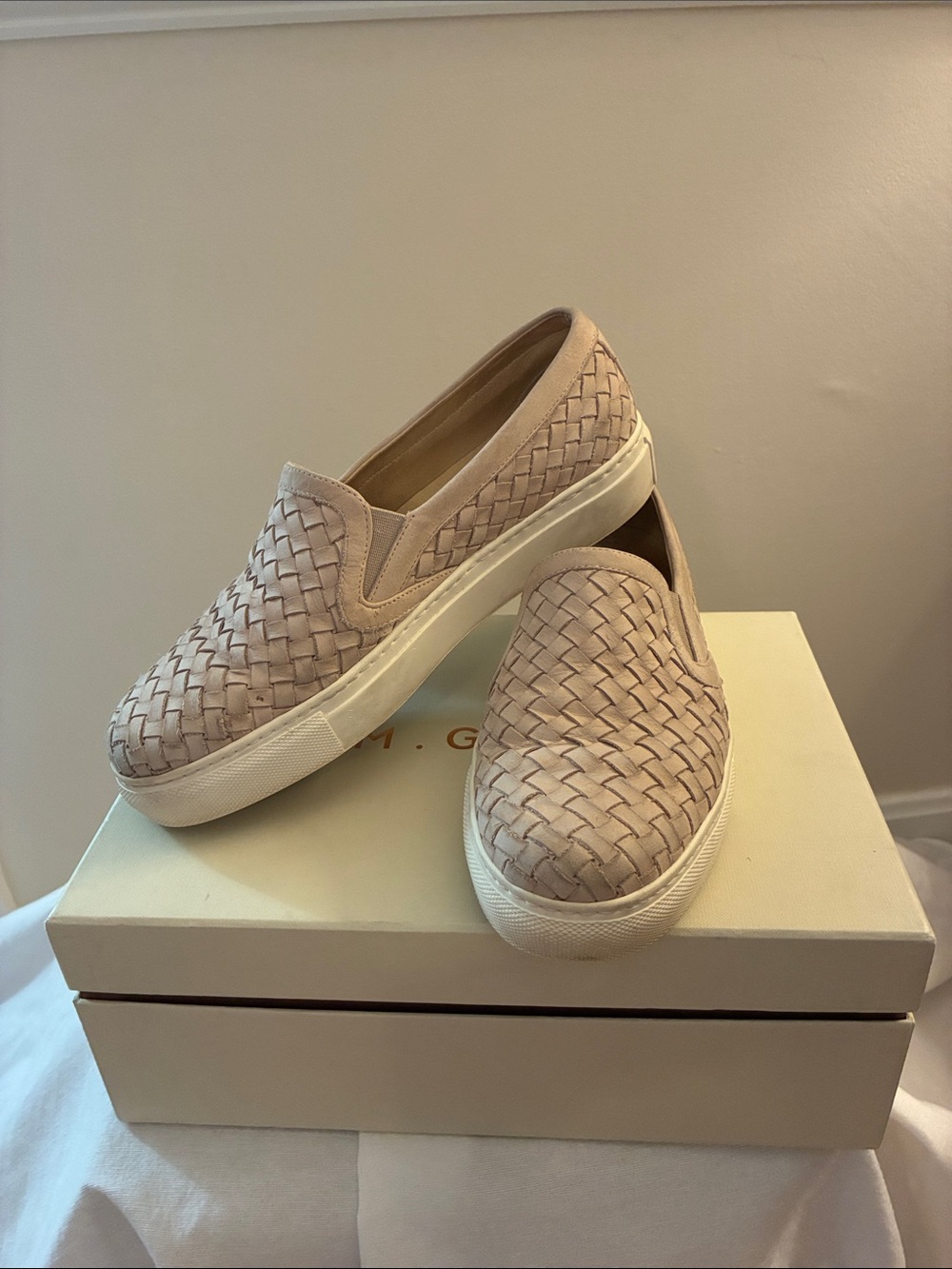 M Gemi - Woven Leather Slip-On Shoes in Cream/Beige